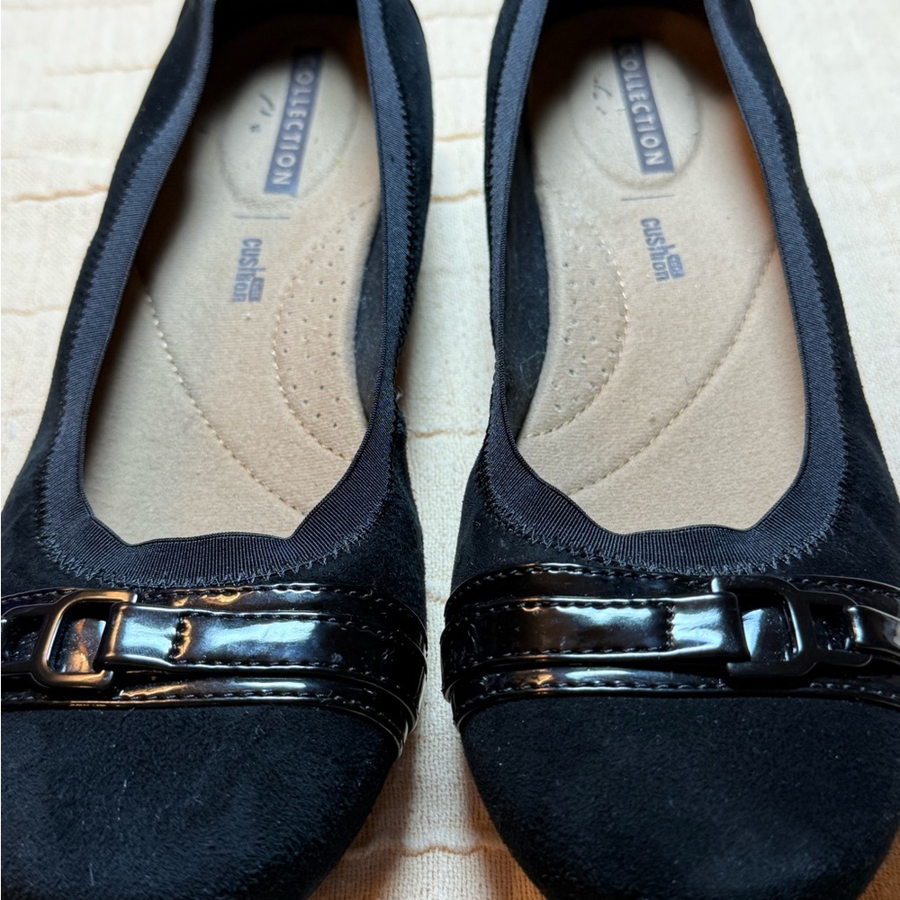 CLARKS Women's Elegant Black Suede Flats with Glossy Strap